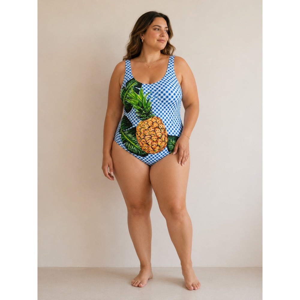 Juicy Couture XL Pineapple Gingham One Piece Swimsuit Blue White Tropical Ruffle